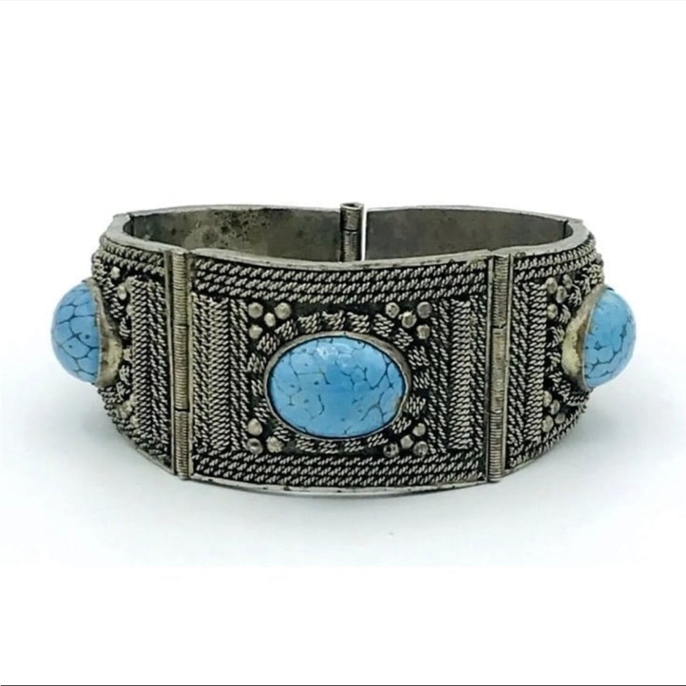 Antique Silver 925 and Blue Stone Cannetille Panel Bracelet Cuff